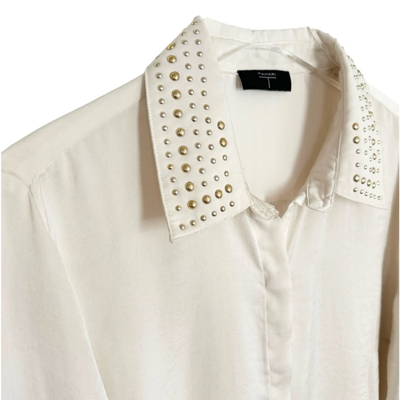 T TAHARI STUDDED LONG SLEEVED BUTTON DOWN CREAM SHIRT BLOUSE SZ L - Picture 3 of 5